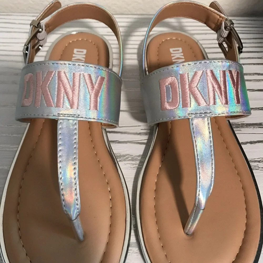 DKNY Holographic Iridescent Logo T-Strap Sandals